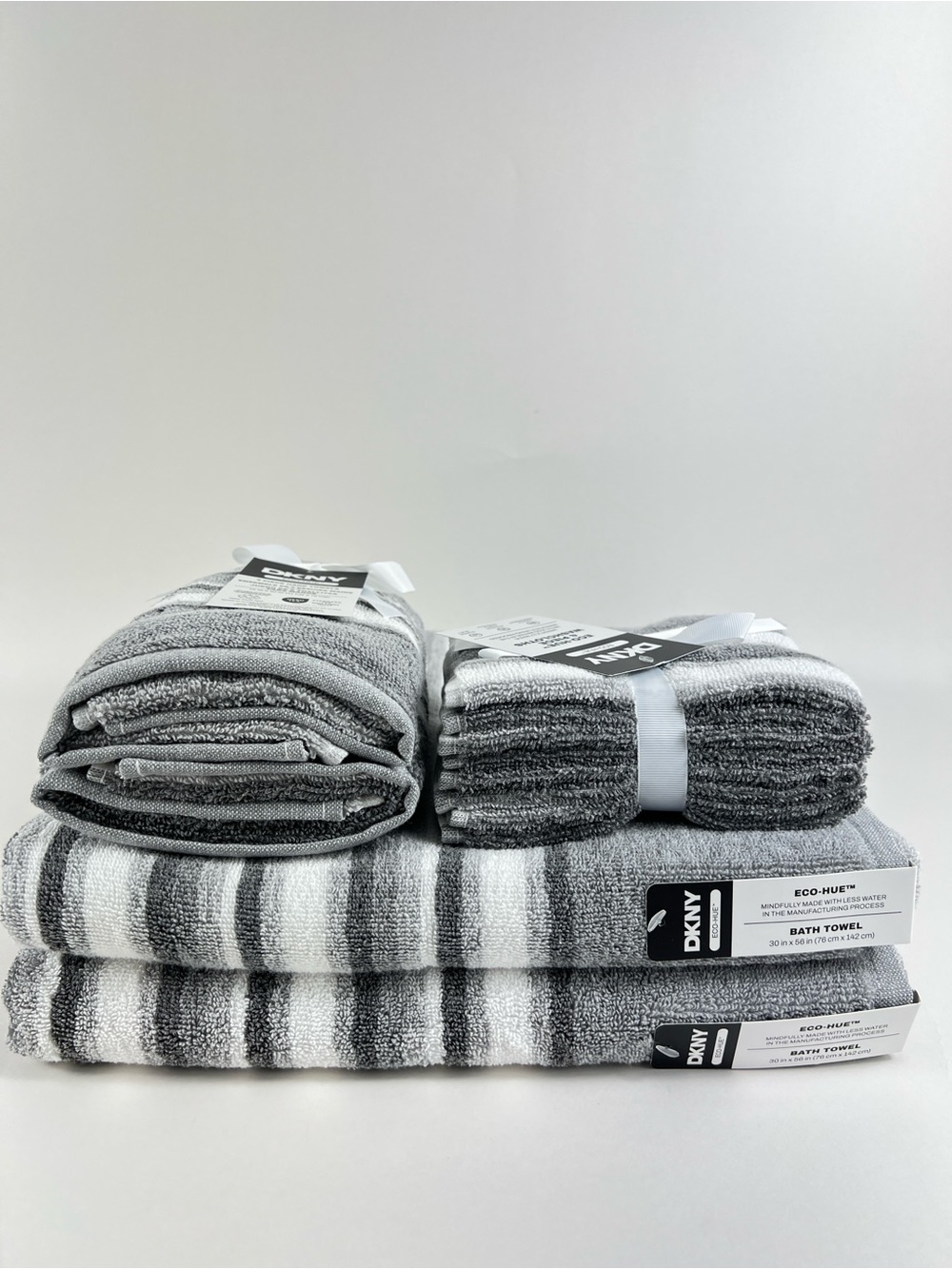 DKNY Bath Towel Set Gray White Stripe Eco Hue Soft Cotton Blend 8 Pc NEW
